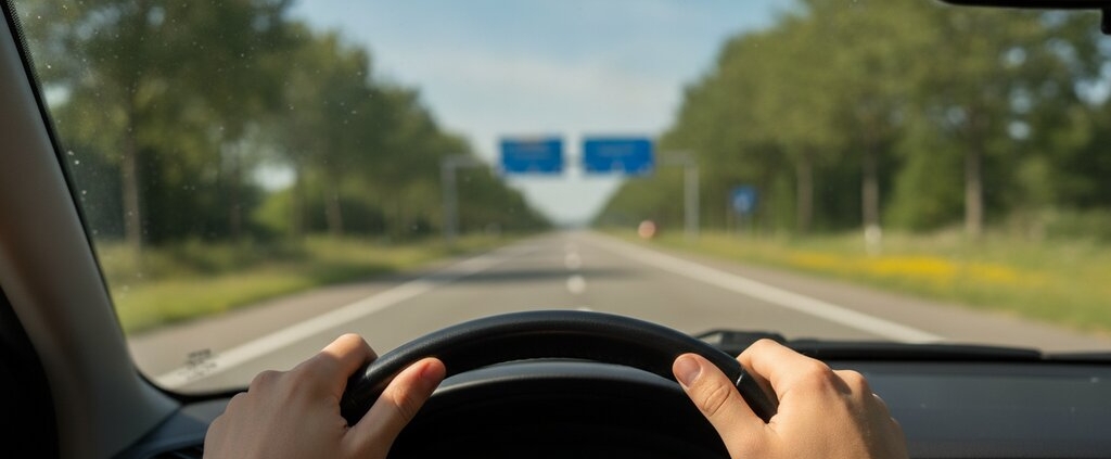 Handen van een jonge bestuurder aan het stuur op een autoweg met blauwe borden, verschil autoweg autosnelweg