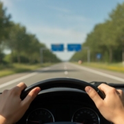 Handen van een jonge bestuurder aan het stuur op een autoweg met blauwe borden, verschil autoweg autosnelweg