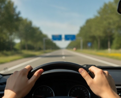 Handen van een jonge bestuurder aan het stuur op een autoweg met blauwe borden, verschil autoweg autosnelweg