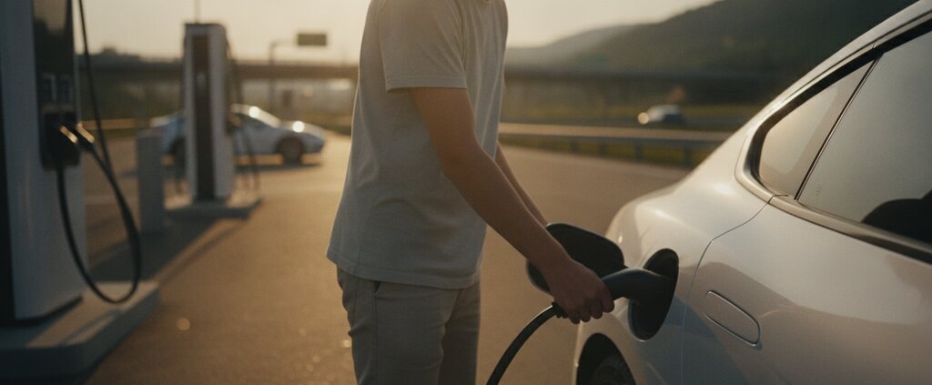 Jonge bestuurder laadt elektrische auto bij snellaadstation, laden onderweg op vakantie