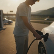 Jonge bestuurder laadt elektrische auto bij snellaadstation, laden onderweg op vakantie
