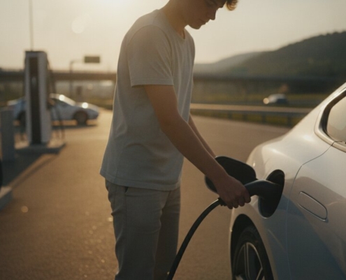 Jonge bestuurder laadt elektrische auto bij snellaadstation, laden onderweg op vakantie