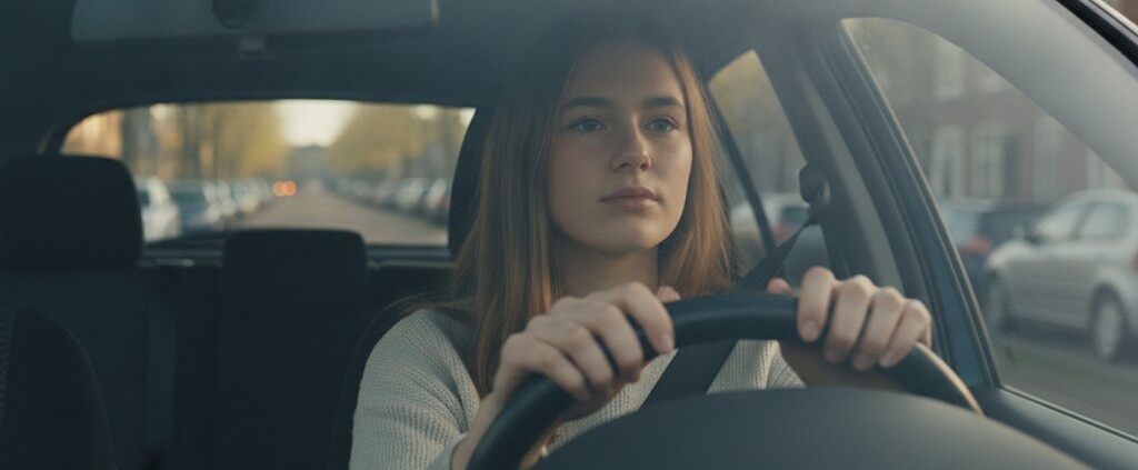 Jonge vrouw haalt rustig adem achter het stuur van de lesauto voor haar faalangstexamen bij het CBR