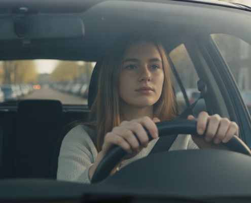 Jonge vrouw haalt rustig adem achter het stuur van de lesauto voor haar faalangstexamen bij het CBR