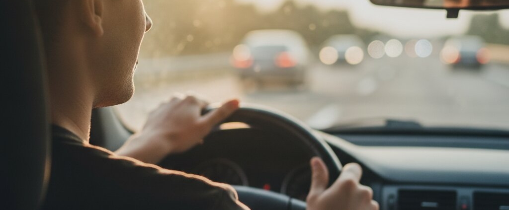 Jonge bestuurder met beide handen aan het stuur tijdens een lange vakantierit in de zomer