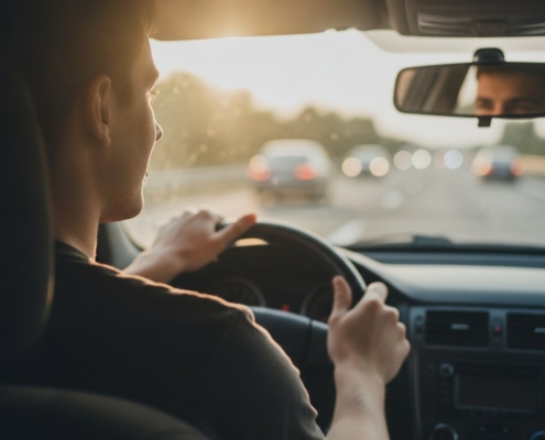Jonge bestuurder met beide handen aan het stuur tijdens een lange vakantierit in de zomer