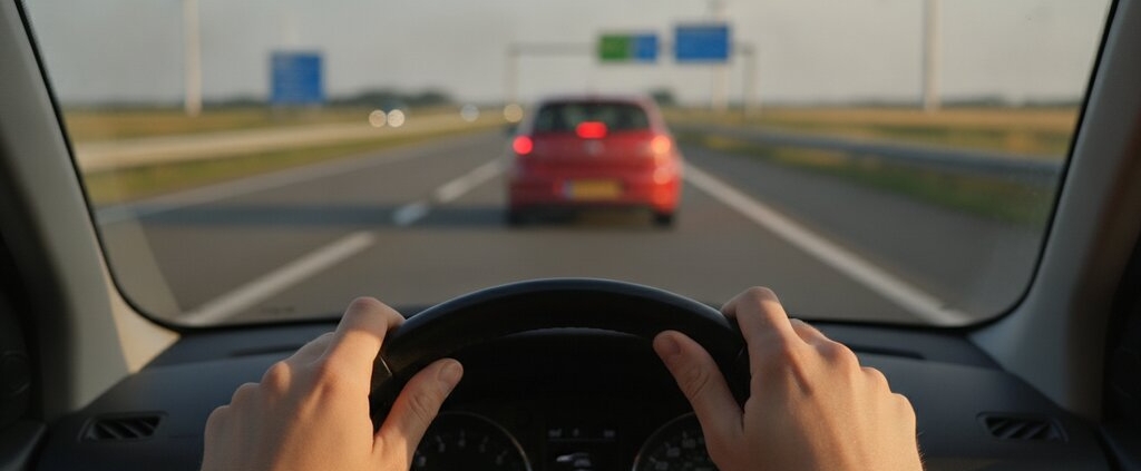 Handen aan het stuur met veilige afstand houden tot de auto op de snelweg