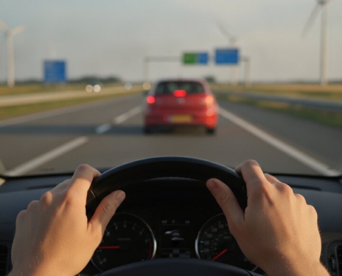 Handen aan het stuur met veilige afstand houden tot de auto op de snelweg