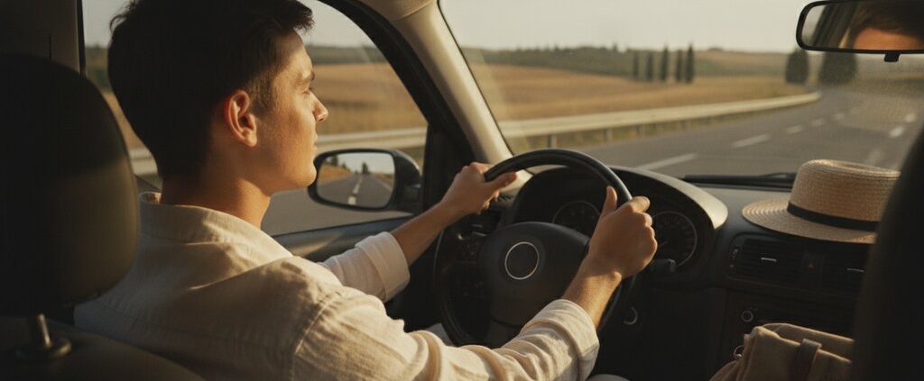 Jonge beginnend bestuurder rijdt met de auto op een buitenlandse snelweg tijdens de zomervakantie