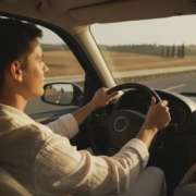 Jonge beginnend bestuurder rijdt met de auto op een buitenlandse snelweg tijdens de zomervakantie