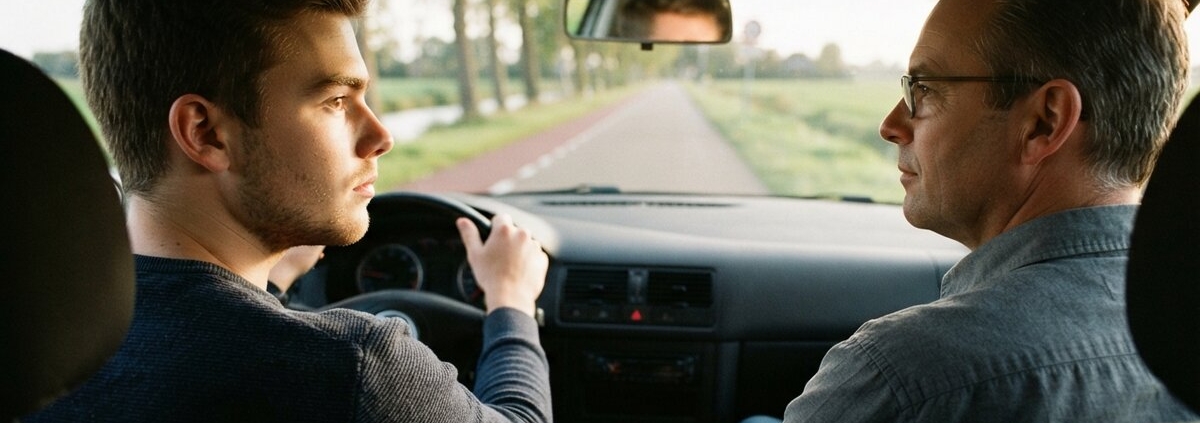 Jonge bestuurder rijdt met een begeleider naast zich in de auto