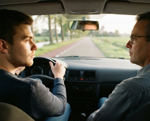 Jonge bestuurder rijdt met een begeleider naast zich in de auto