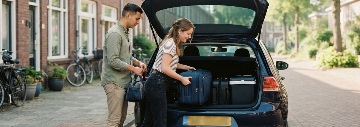 Jong stel laadt koffers veilig in de kofferbak voor de vakantie