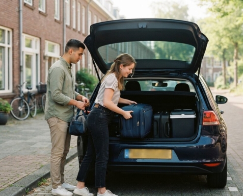Jong stel laadt koffers veilig in de kofferbak voor de vakantie