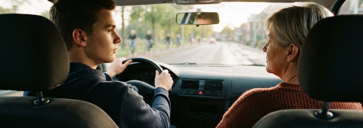Jonge bestuurder rijdt met begeleider naast zich, nieuwe EU-regels voor het rijbewijs