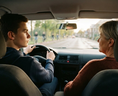 Jonge bestuurder rijdt met begeleider naast zich, nieuwe EU-regels voor het rijbewijs