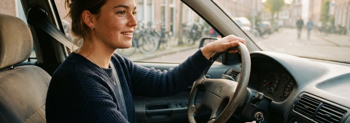 Jonge bestuurder achter het stuur van haar eerste auto, verzekeren als beginnend bestuurder