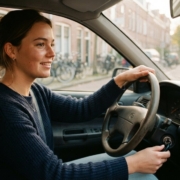 Jonge bestuurder achter het stuur van haar eerste auto, verzekeren als beginnend bestuurder
