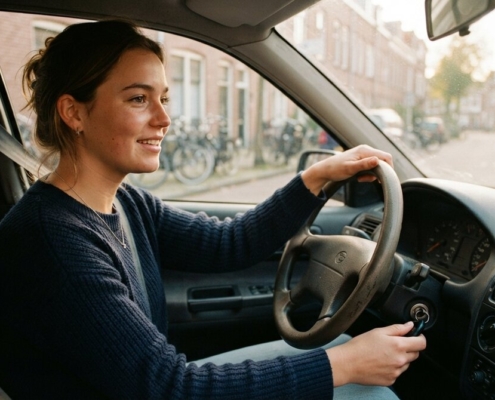 Jonge bestuurder achter het stuur van haar eerste auto, verzekeren als beginnend bestuurder