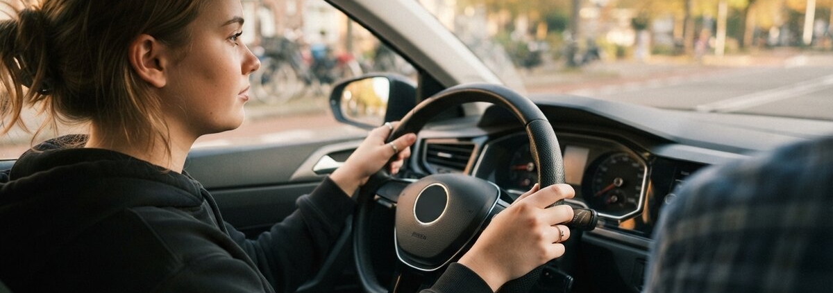 Jonge bestuurder met instructeur tijdens rijles, hoeveel rijlessen nodig voor rijbewijs