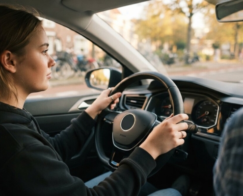 Jonge bestuurder met instructeur tijdens rijles, hoeveel rijlessen nodig voor rijbewijs