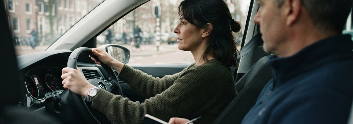Volwassen leerling achter het stuur tijdens een rijles
