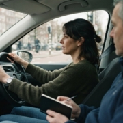 Volwassen leerling achter het stuur tijdens een rijles