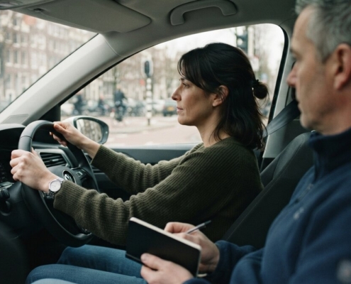 Volwassen leerling achter het stuur tijdens een rijles