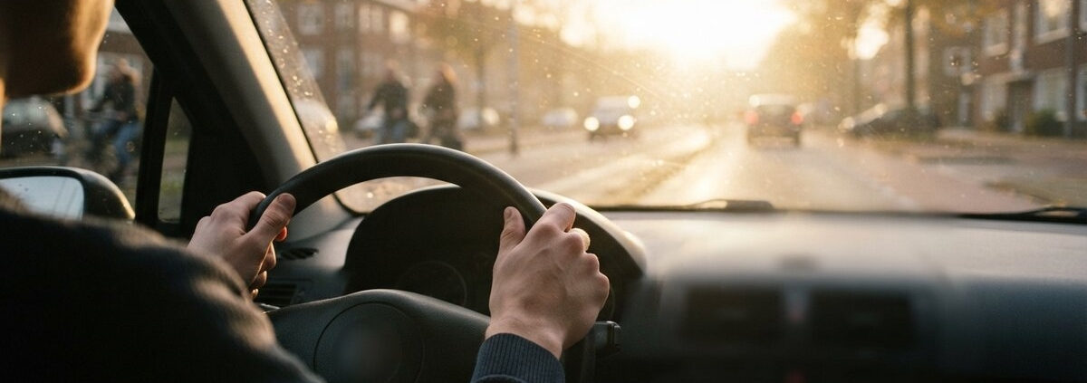 Jonge bestuurder met handen aan het stuur rijdt tegen laagstaande zon in tijdens de ochtendspits