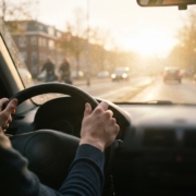 Jonge bestuurder met handen aan het stuur rijdt tegen laagstaande zon in tijdens de ochtendspits