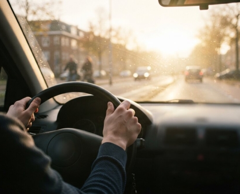 Jonge bestuurder met handen aan het stuur rijdt tegen laagstaande zon in tijdens de ochtendspits