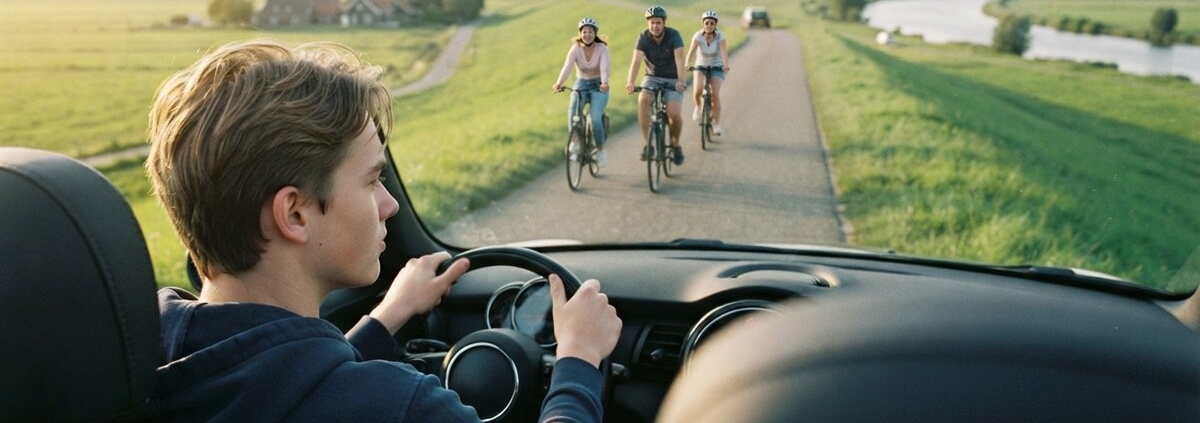 Jonge bestuurder rijdt langzaam op een smalle dijkweg en passeert fietsers