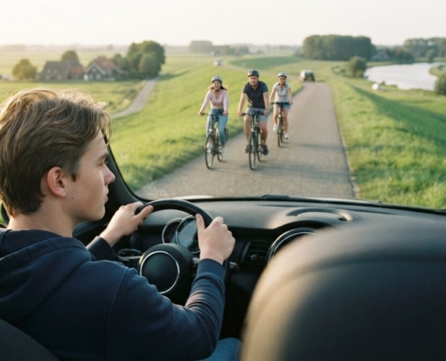 Jonge bestuurder rijdt langzaam op een smalle dijkweg en passeert fietsers