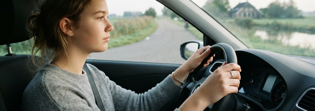 Leerling met beide handen aan het stuur op een rustige weg tijdens de rijles