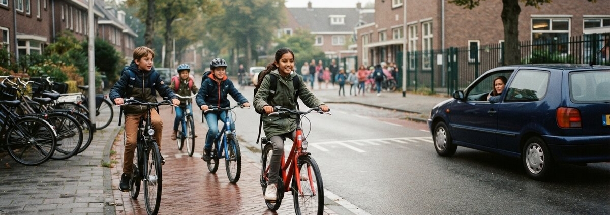 Kinderen fietsen naar school in een schoolstraat terwijl een auto wacht