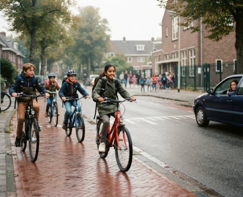 Kinderen fietsen naar school in een schoolstraat terwijl een auto wacht