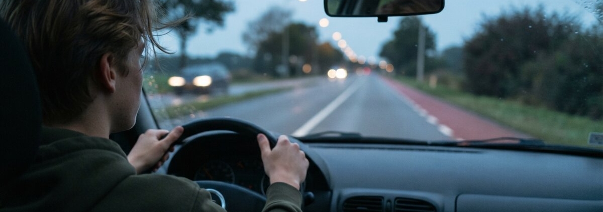 Jonge bestuurder op een provinciale weg met een doorgetrokken streep op het wegdek