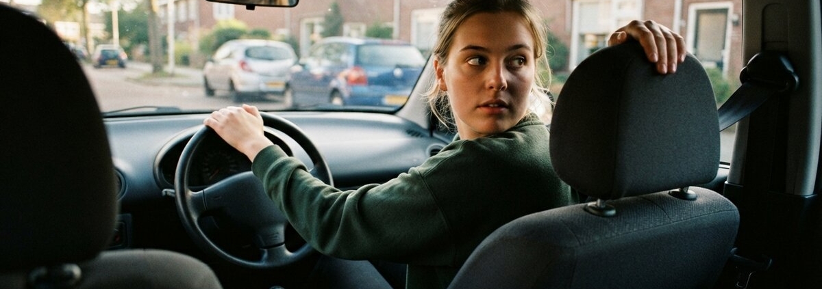 Jonge bestuurder kijkt over haar schouder tijdens fileparkeren in een lesauto