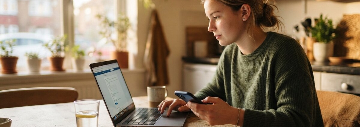 Jonge vrouw vult de gezondheidsverklaring van het CBR in op haar laptop, met autosleutels op tafel