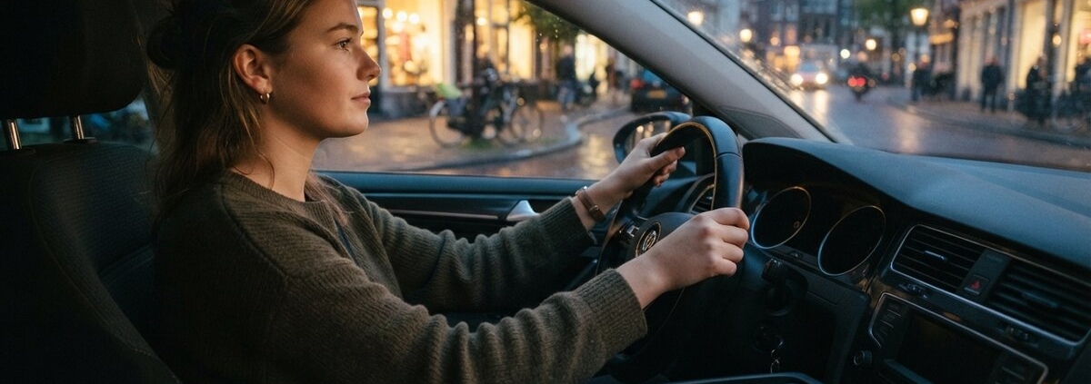 Jonge bestuurster rijdt MONO met haar telefoon weggelegd in de middenconsole