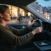 Jonge bestuurster rijdt MONO met haar telefoon weggelegd in de middenconsole