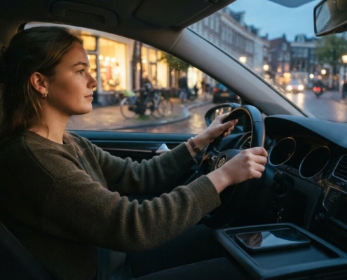 Jonge bestuurster rijdt MONO met haar telefoon weggelegd in de middenconsole