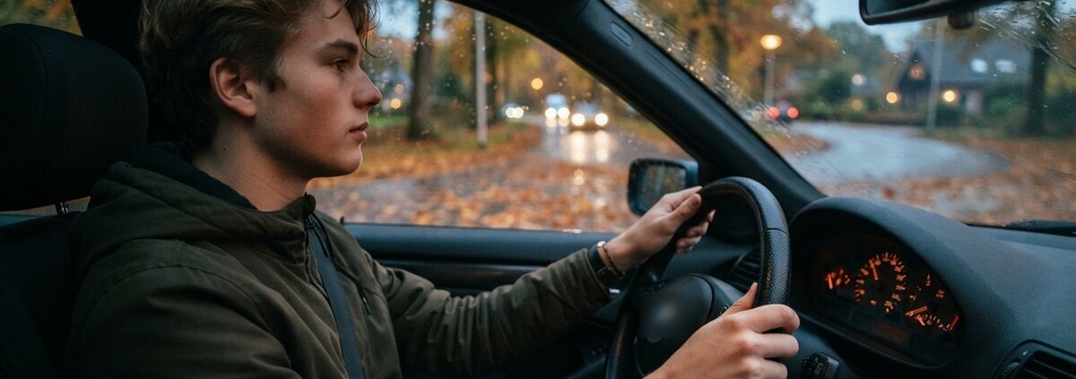 Jonge bestuurder rijdt in de herfst over een weg vol natte bladeren in de schemering