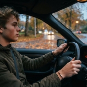 Jonge bestuurder rijdt in de herfst over een weg vol natte bladeren in de schemering