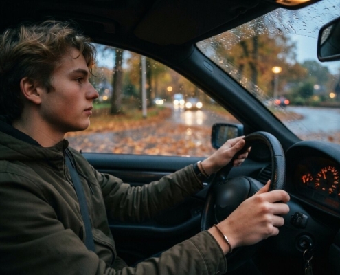 Jonge bestuurder rijdt in de herfst over een weg vol natte bladeren in de schemering