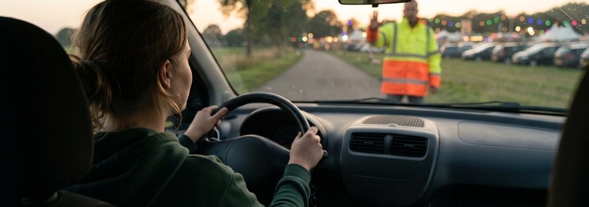 Jonge bestuurder stopt voor een verkeersregelaar met opgeheven hand bij een evenement