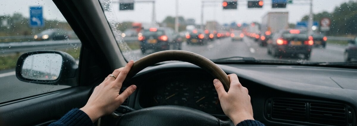 Handen van een jonge bestuurder aan het stuur tijdens het rijden in de spits, met file en remlichten op de snelweg