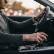 Jonge bestuurder zet de automaat in de juiste stand tijdens het automaat rijden