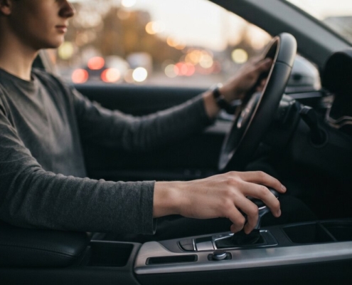 Jonge bestuurder zet de automaat in de juiste stand tijdens het automaat rijden