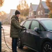 Jonge bestuurder koppelt laadkabel los van elektrische auto in de kou op een herfstochtend